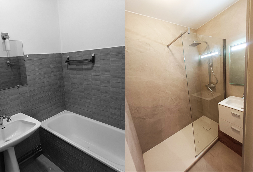 Avant/après conversion baignoire en douche — PCP